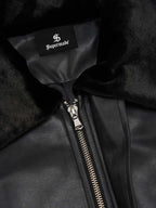 SUPM Fur Collar Rhinestone Pattern Leather Jacket - 2557