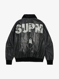 SUPM Fur Collar Rhinestone Pattern Leather Jacket - 2557