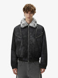 Fur Collar Moto-Style Zip Up Bomber Jacket