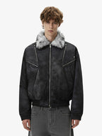 Fur Collar Moto-Style Zip Up Bomber Jacket
