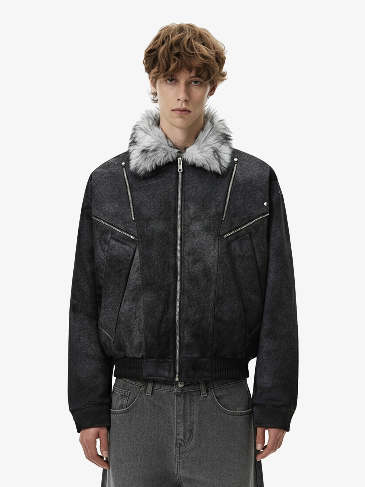 Fur Collar Moto-Style Zip Up Bomber Jacket