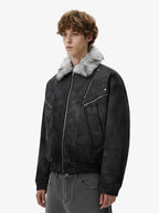 Fur Collar Moto-Style Zip Up Bomber Jacket