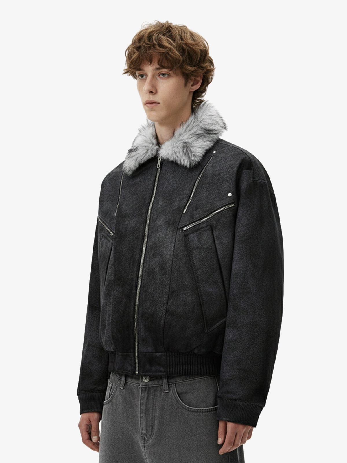 Fur Collar Moto-Style Zip Up Bomber Jacket