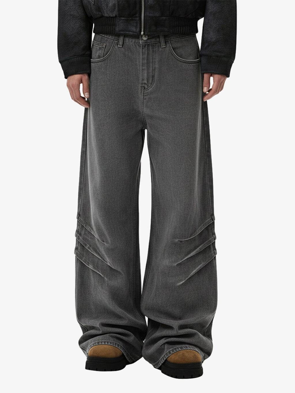 Washed Pleated Baggy Jeans