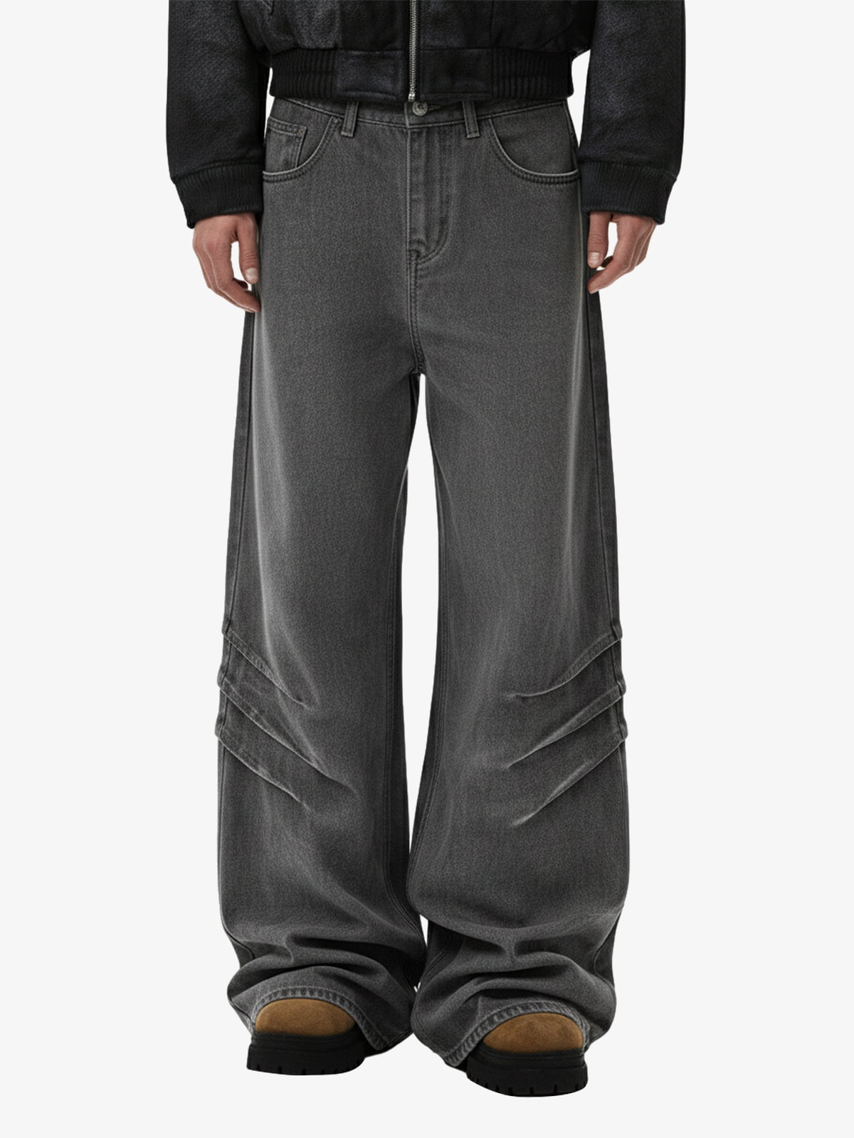 Washed Pleated Baggy Jeans