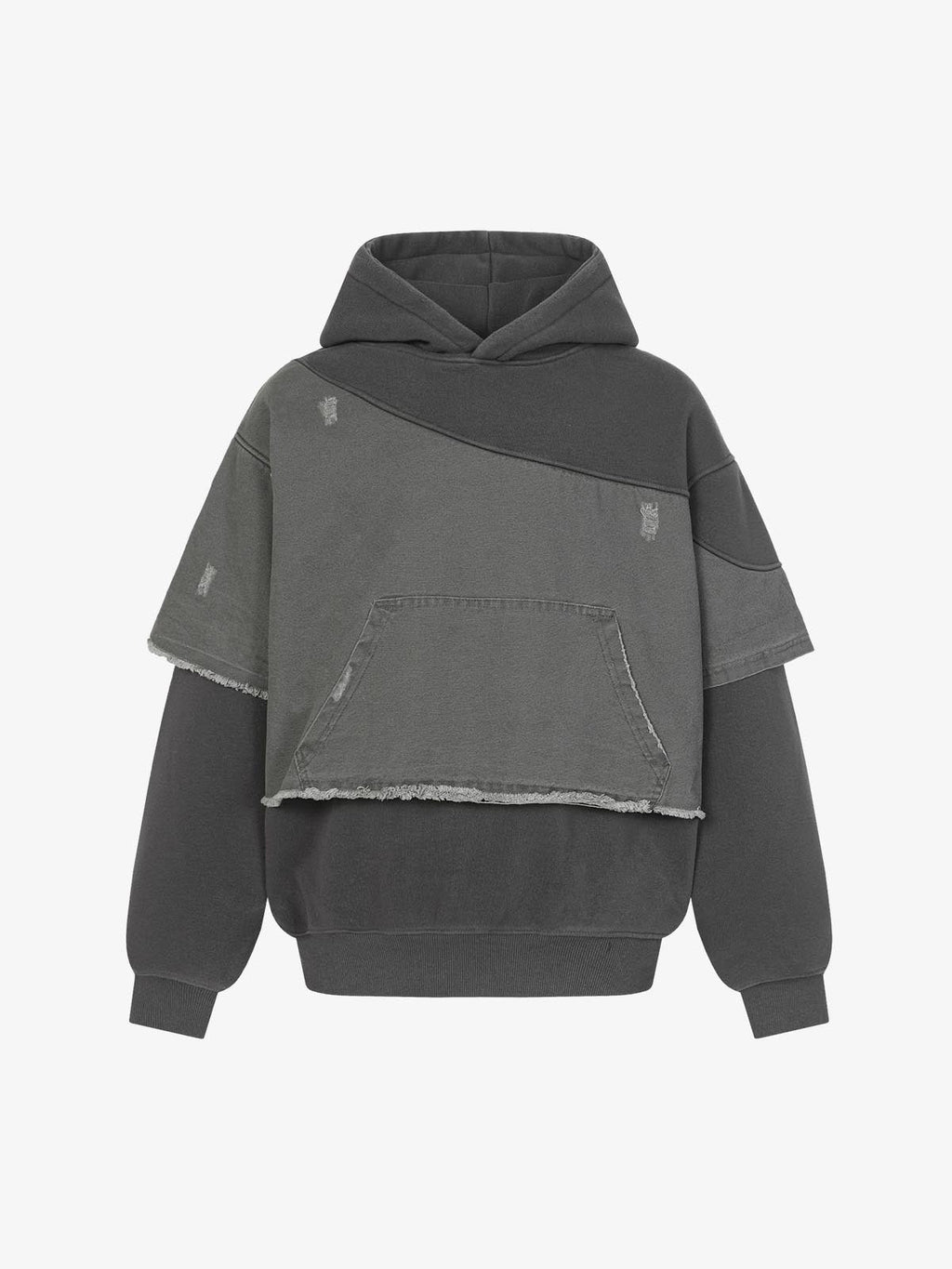 Distressed Patchwork Raw-Edge Layered-Hem Fleece Hoodie