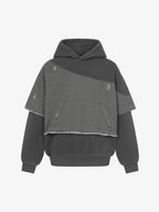 Distressed Patchwork Raw-Edge Layered-Hem Fleece Hoodie