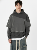 Distressed Patchwork Raw-Edge Layered-Hem Fleece Hoodie
