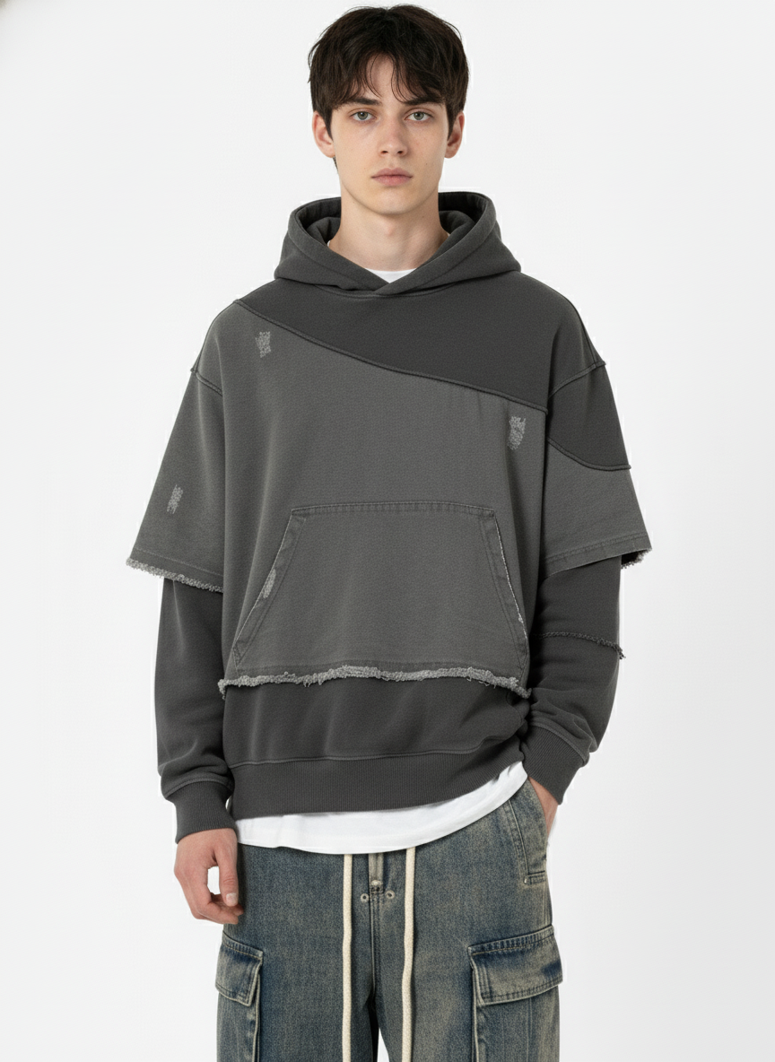 Distressed Patchwork Raw-Edge Layered-Hem Fleece Hoodie