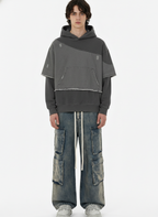 Distressed Patchwork Raw-Edge Layered-Hem Fleece Hoodie