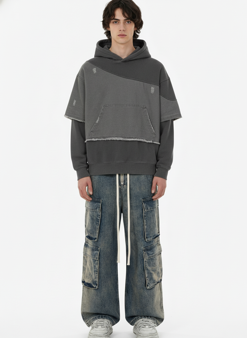 Distressed Patchwork Raw-Edge Layered-Hem Fleece Hoodie