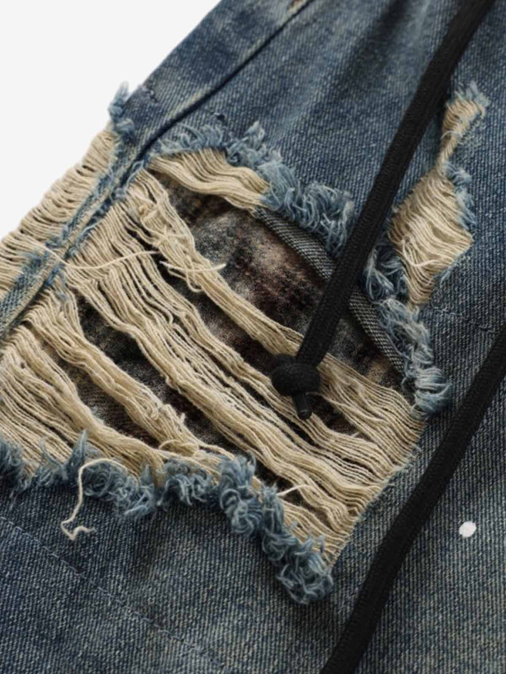 Distressed Plaid Layered Drawstring Wide Leg Jeans