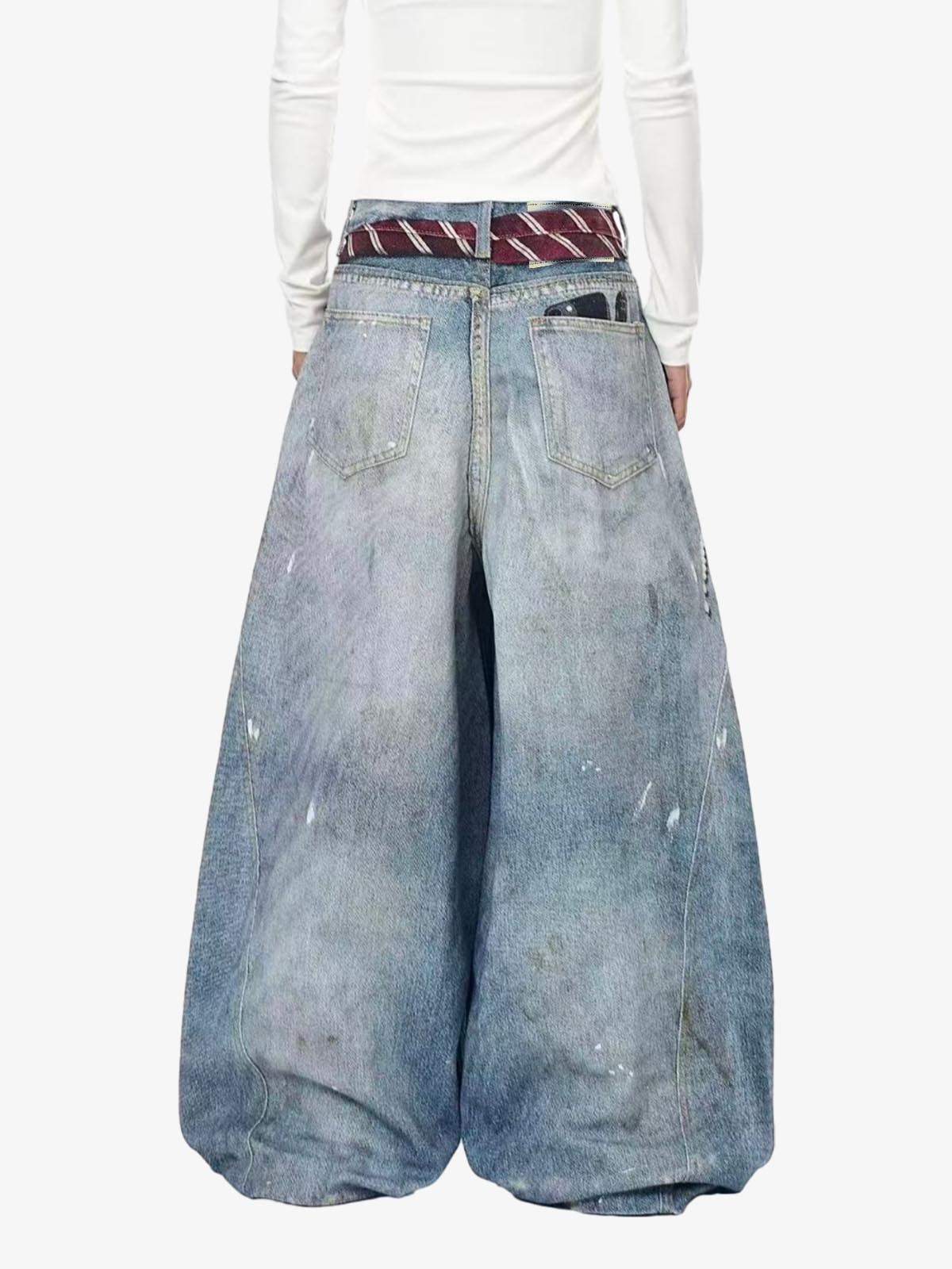Tie Graphic Print Vintage Wash Wide Leg Denim Jeans