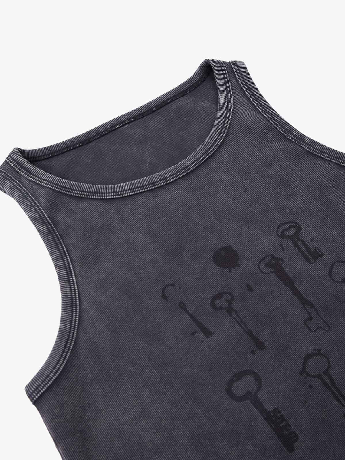 Washed Distressed Key Print Vest