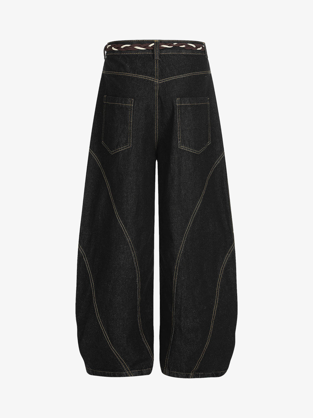 Denim Retro Belt Detail With Patchwork Barrel Jeans - 2490