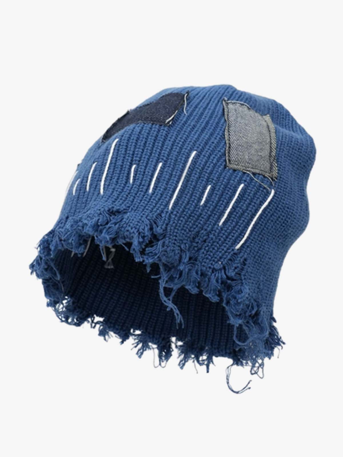 Distressed Denim Patchwork Beanie