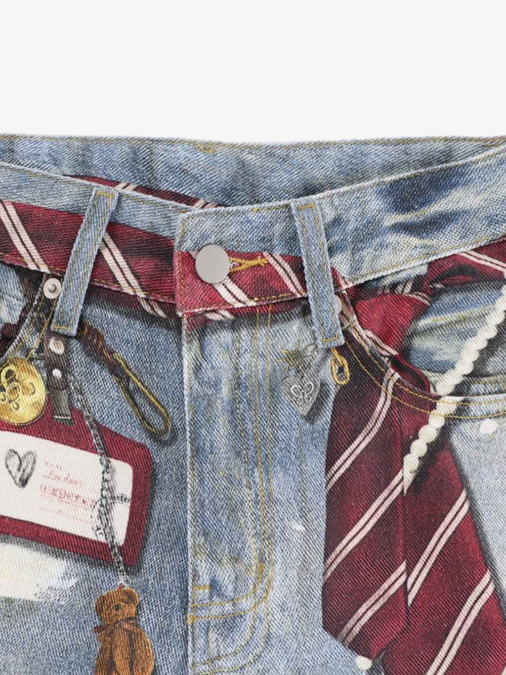 Tie Graphic Print Vintage Wash Wide Leg Denim Jeans