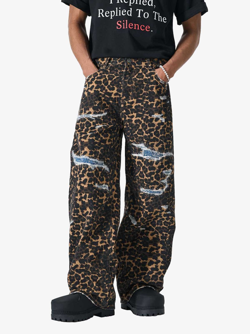 Bold Leopard Print Distressed Wide-Leg Jeans