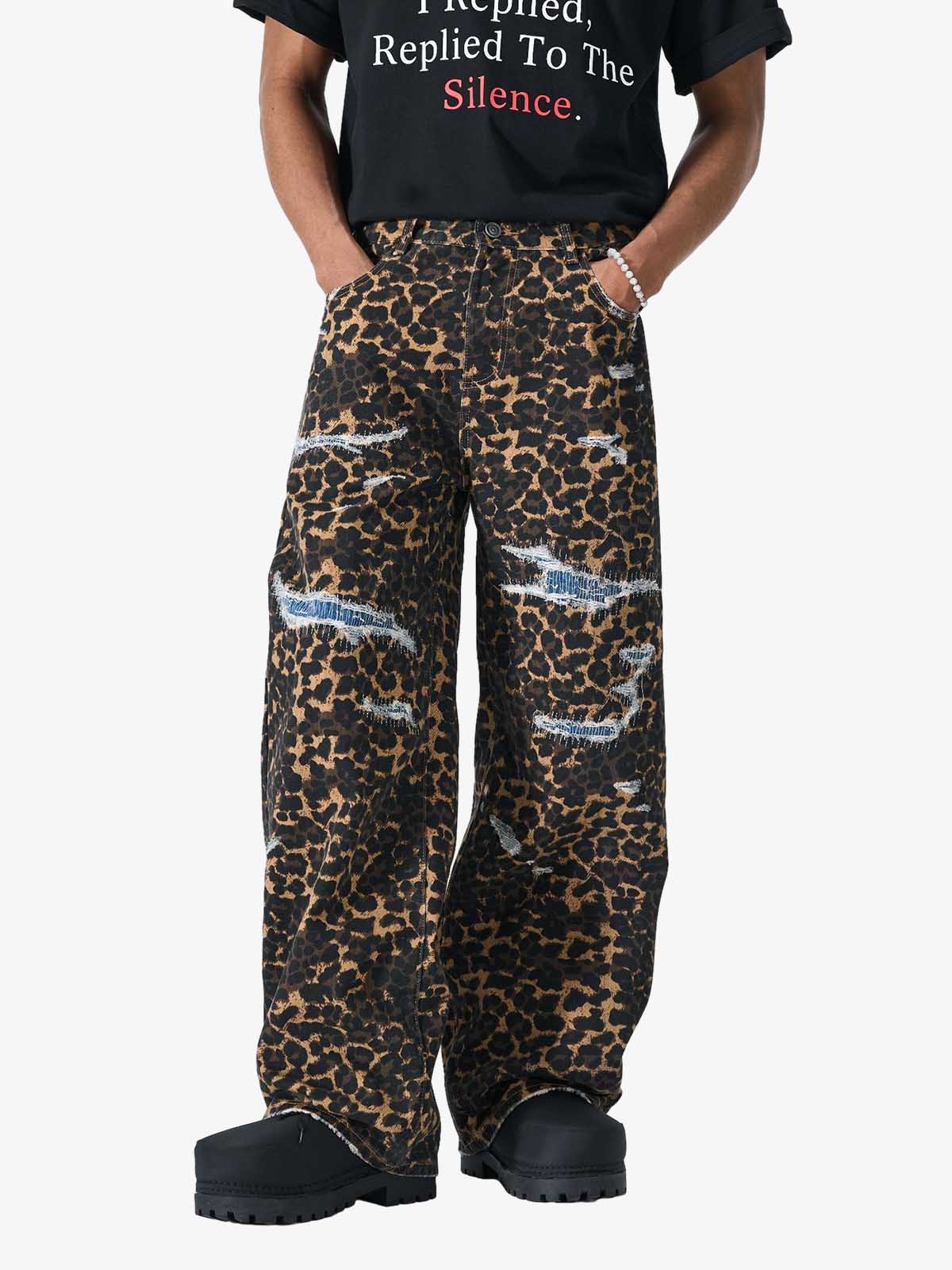 Bold Leopard Print Distressed Wide-Leg Jeans