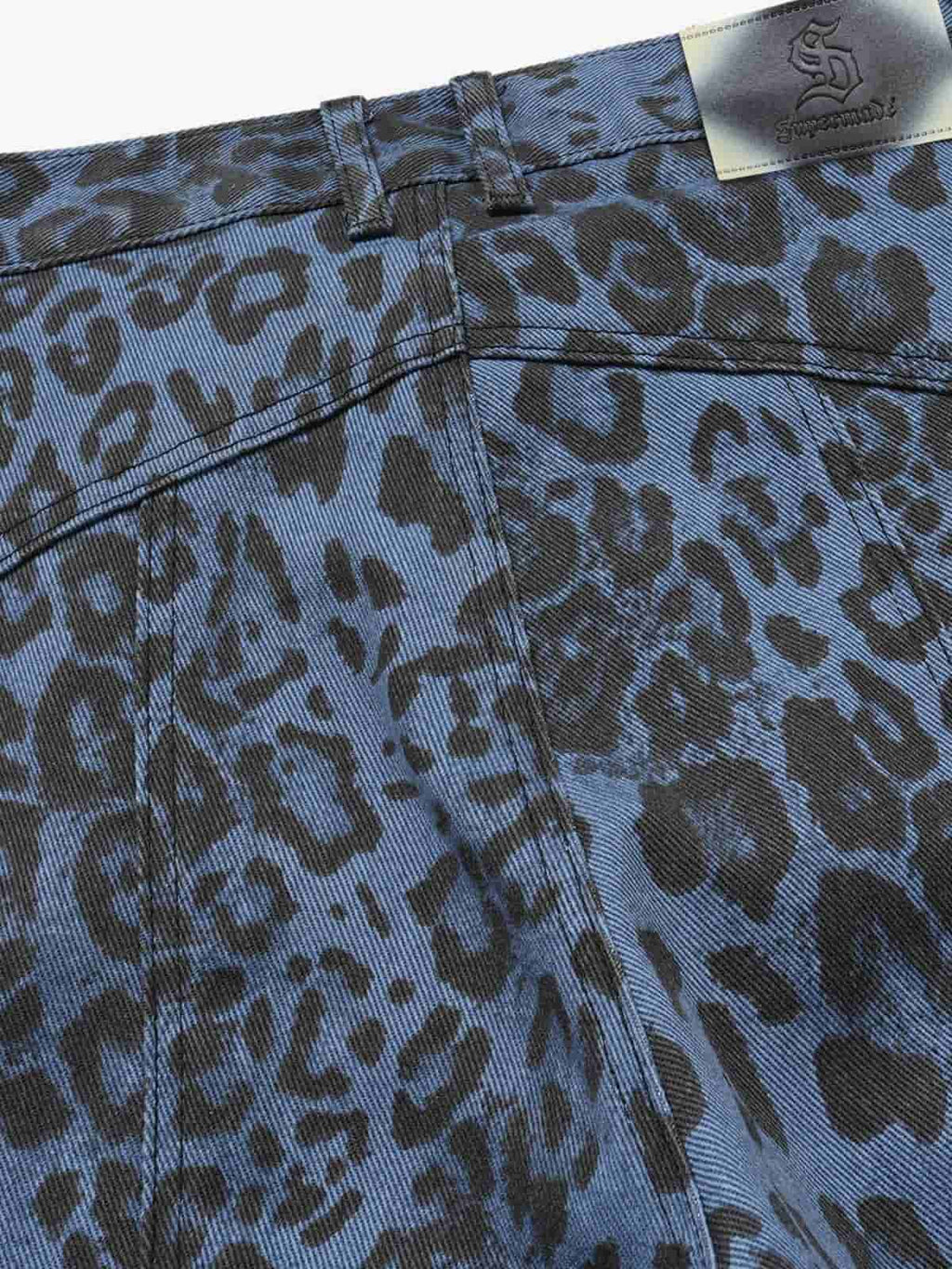 Retro Leopard Print Blue Washed Distressed Jeans