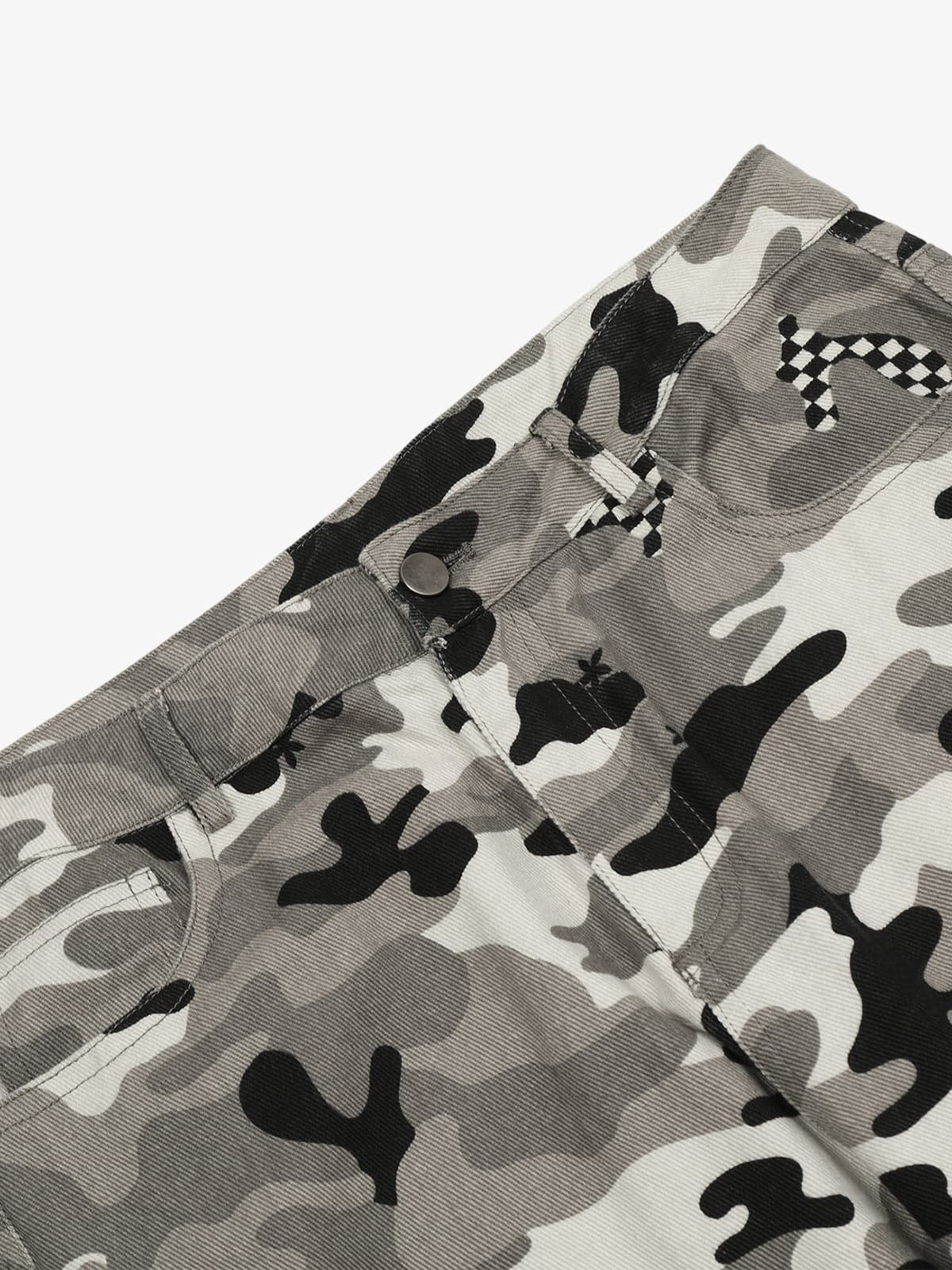 Checkerboard Patches Camo Cargo Flared Pants