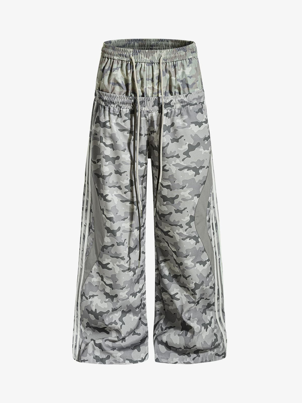 Double Waistband Elastic Waist Camo Side Panel Wide Leg Pants