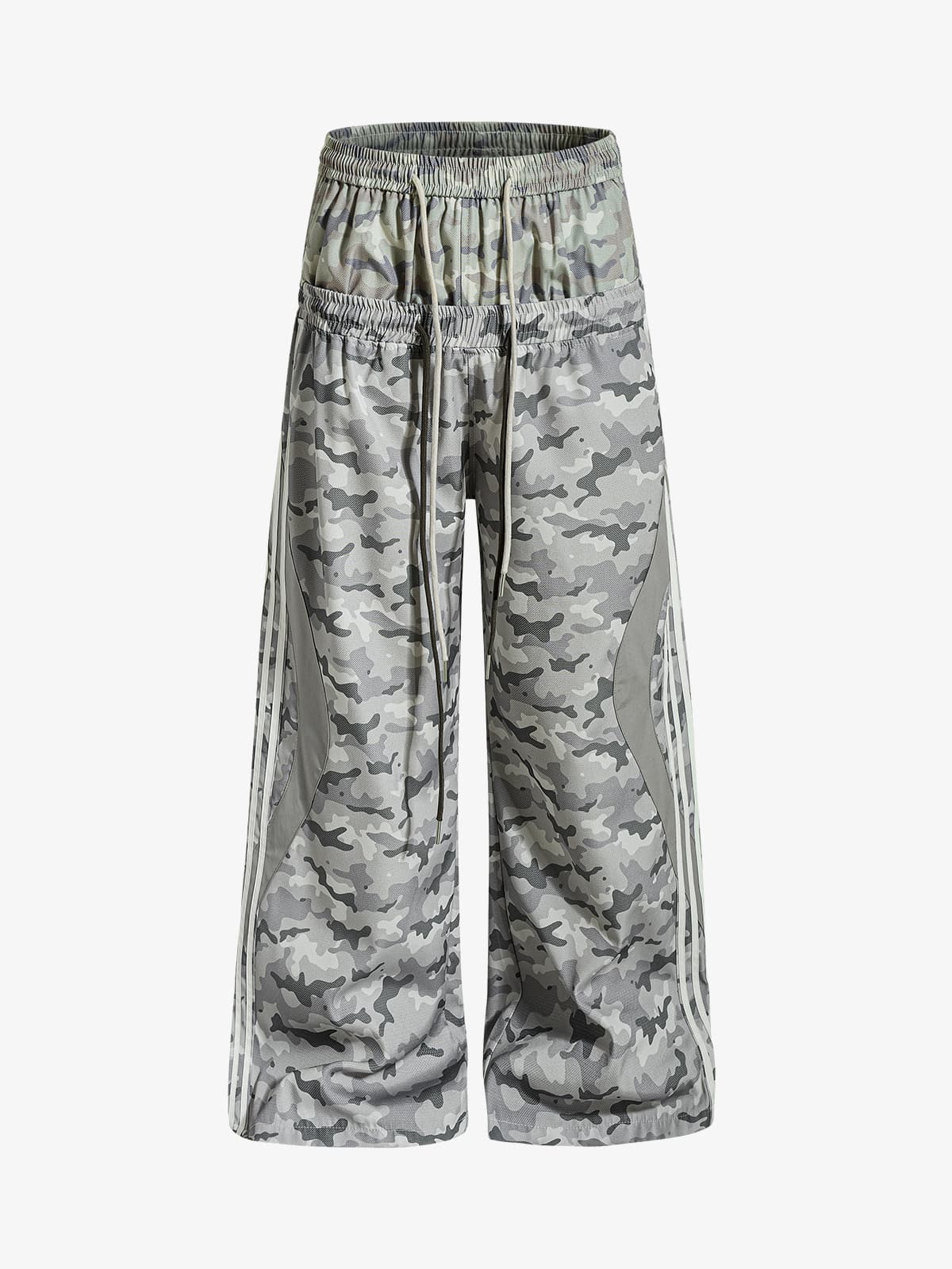Double Waistband Elastic Waist Camo Side Panel Wide Leg Pants