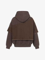Distressed Patchwork Raw-Edge Layered-Hem Fleece Hoodie