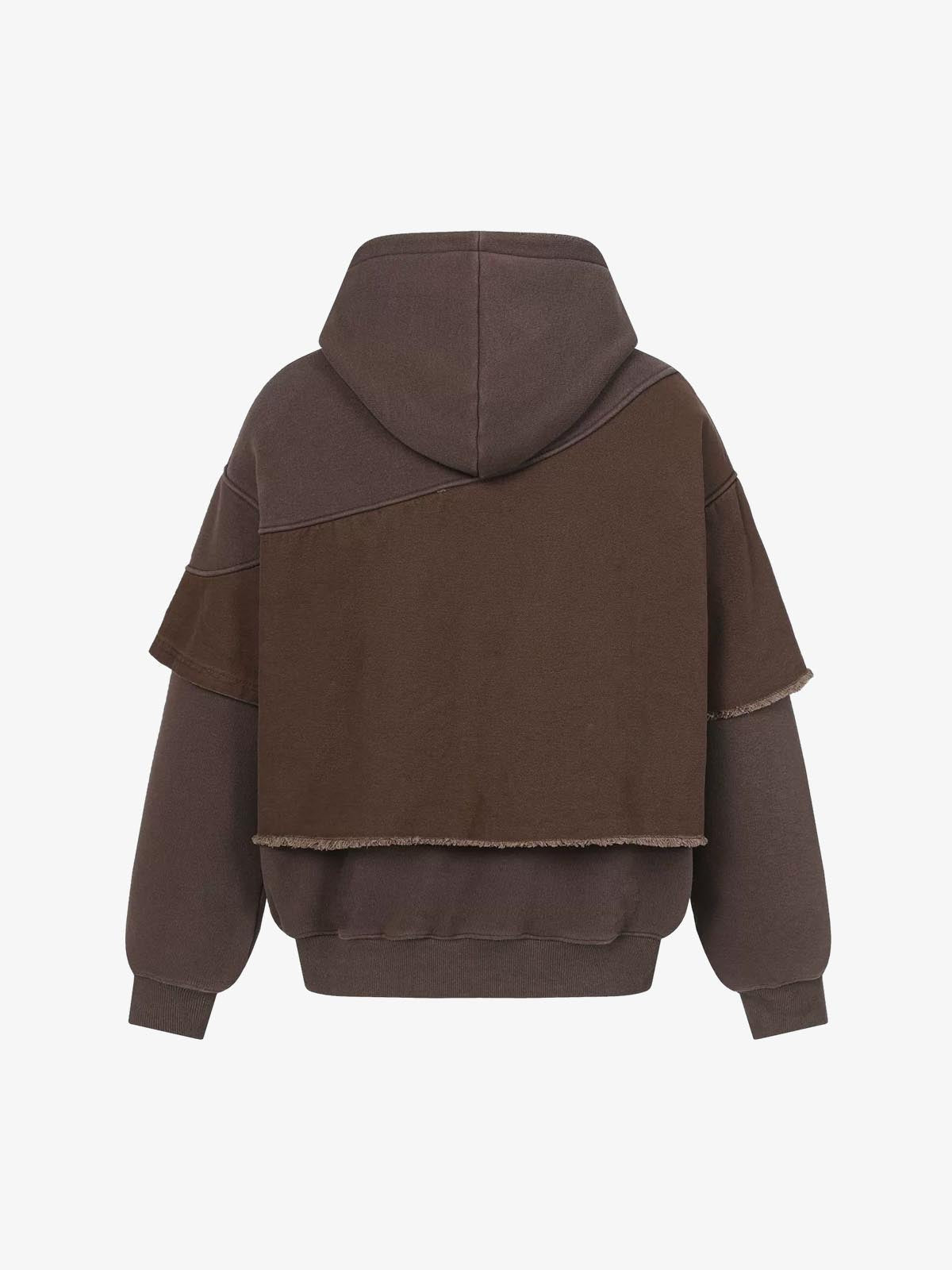 Distressed Patchwork Raw-Edge Layered-Hem Fleece Hoodie