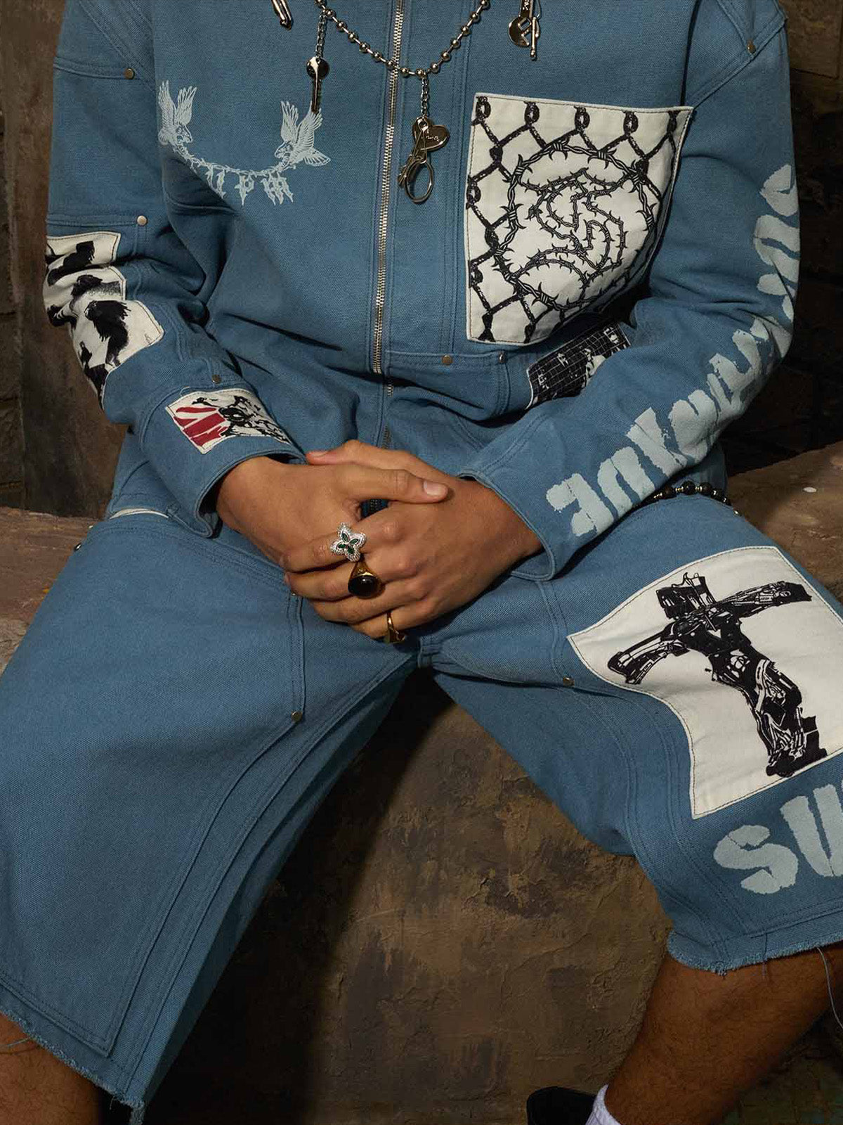 precipice Multi-Element Appliqué Patchwork Denim Suit - 2593