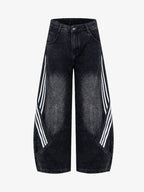 Contrast Stripe Panel Barrel Denim Jeans - 2607