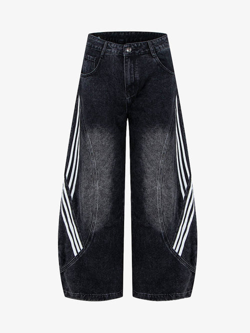 Contrast Stripe Panel Barrel Denim Jeans - 2607