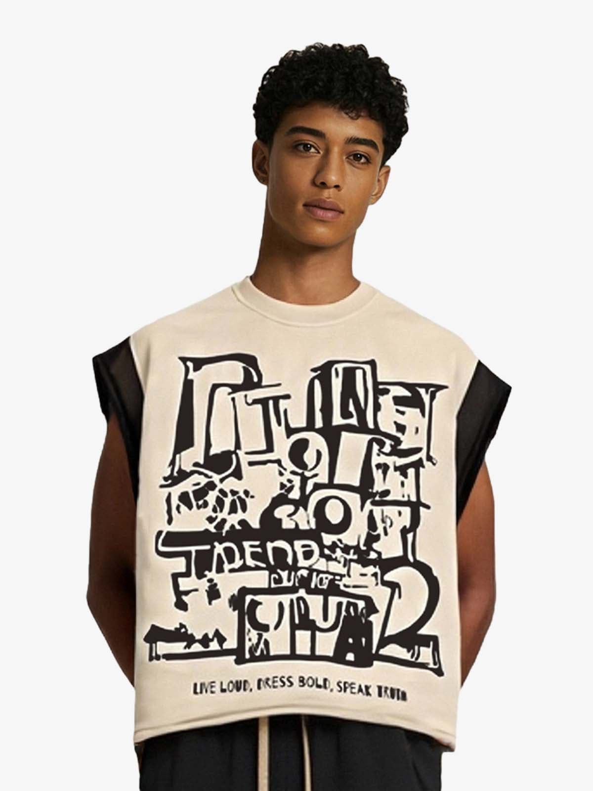 Graffiti Graphic Contrast Trim Raw Edge Sleeveless T-Shirt