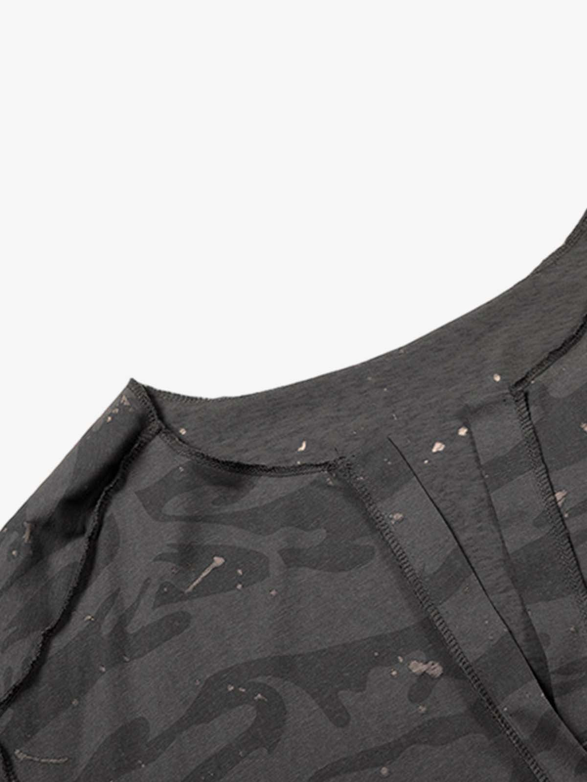 Distressed Camo Paint Splatter V-Neck Henley T-Shirt