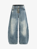 Washed Metal Hook Front Design Barrel Jeans