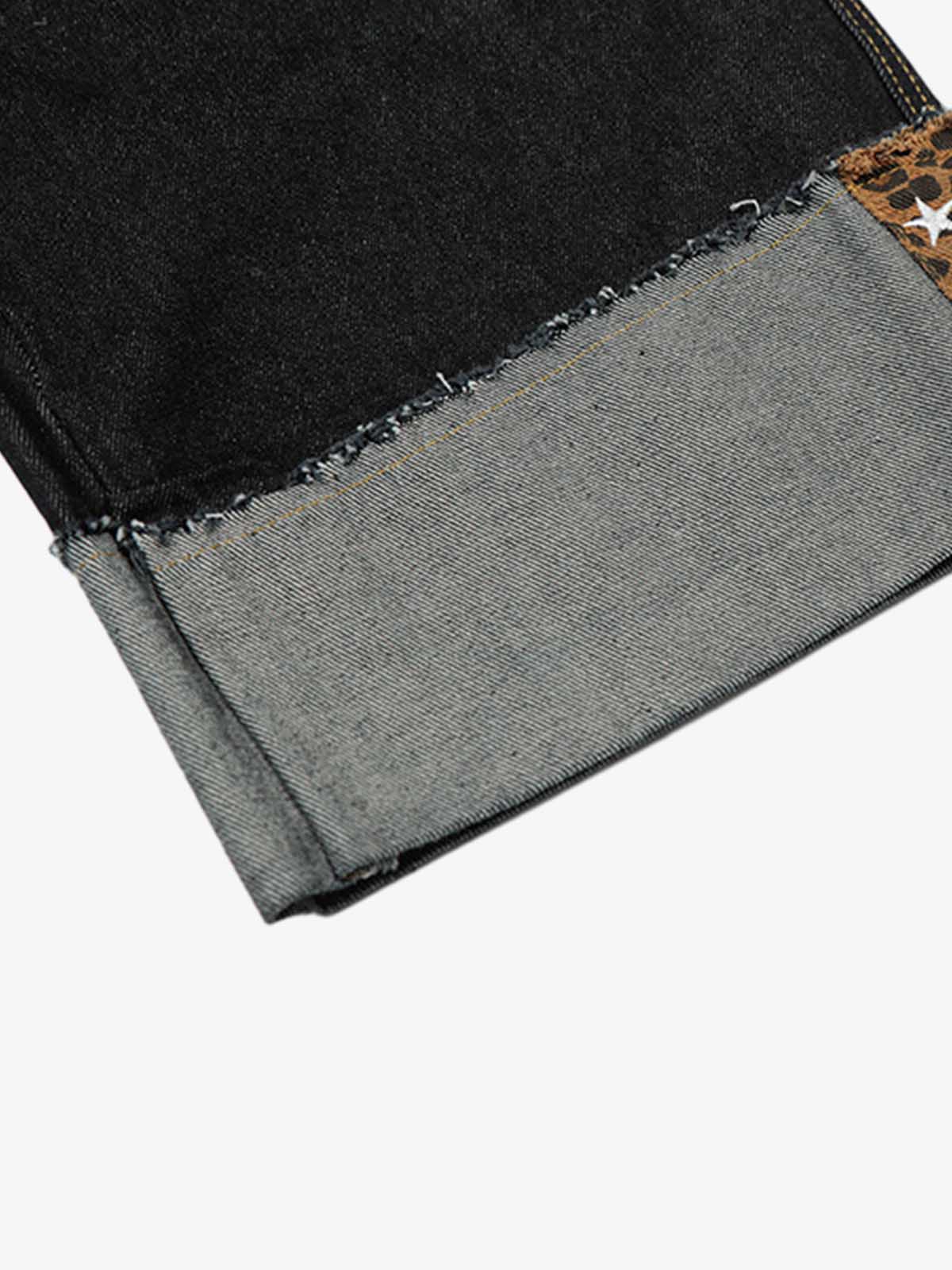 Leopard Print Trim Washed Jeans
