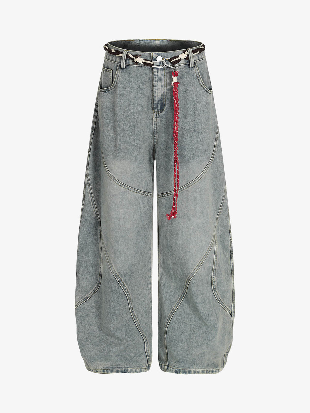 Denim Retro Belt Detail With Patchwork Barrel Jeans - 2490