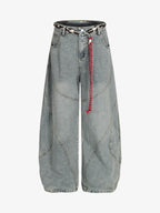 Denim Retro Belt Detail With Patchwork Barrel Jeans - 2490
