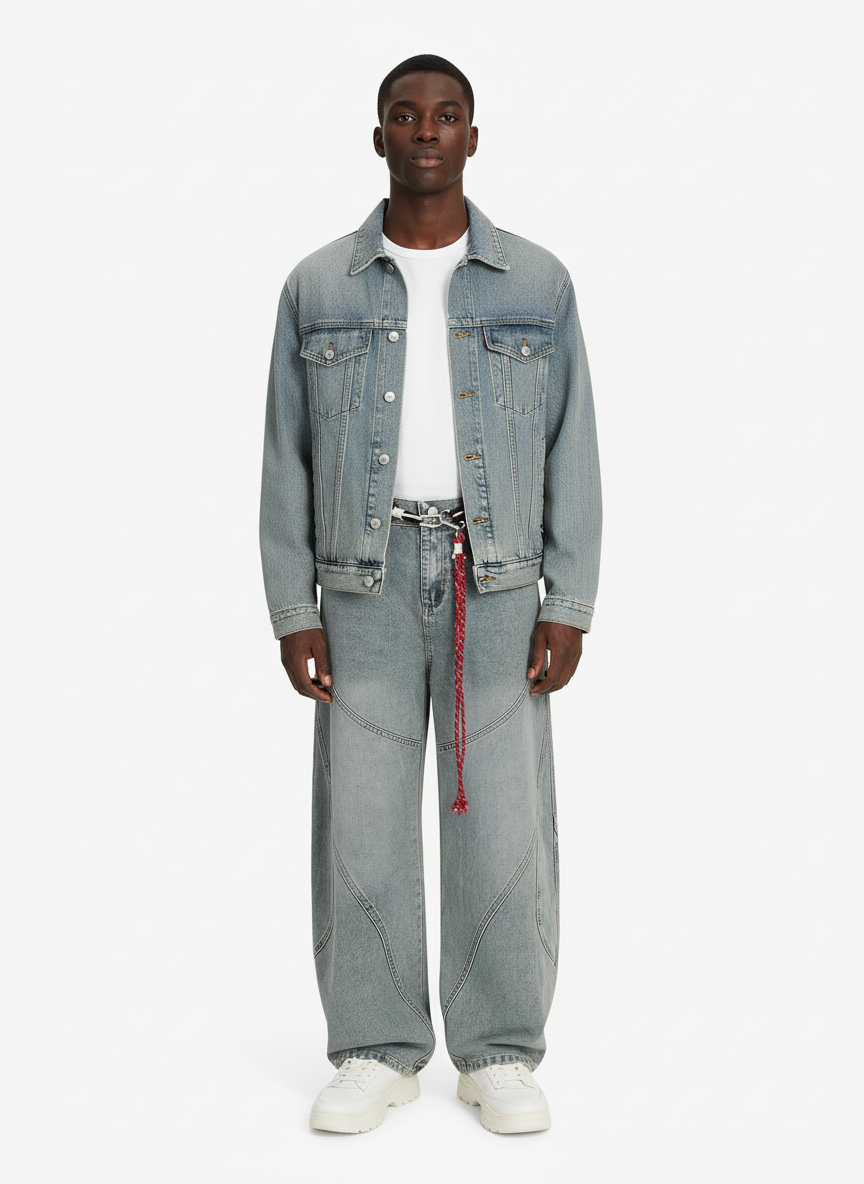 Denim Retro Belt Detail With Patchwork Barrel Jeans - 2490