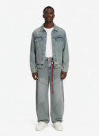Denim Retro Belt Detail With Patchwork Barrel Jeans - 2490