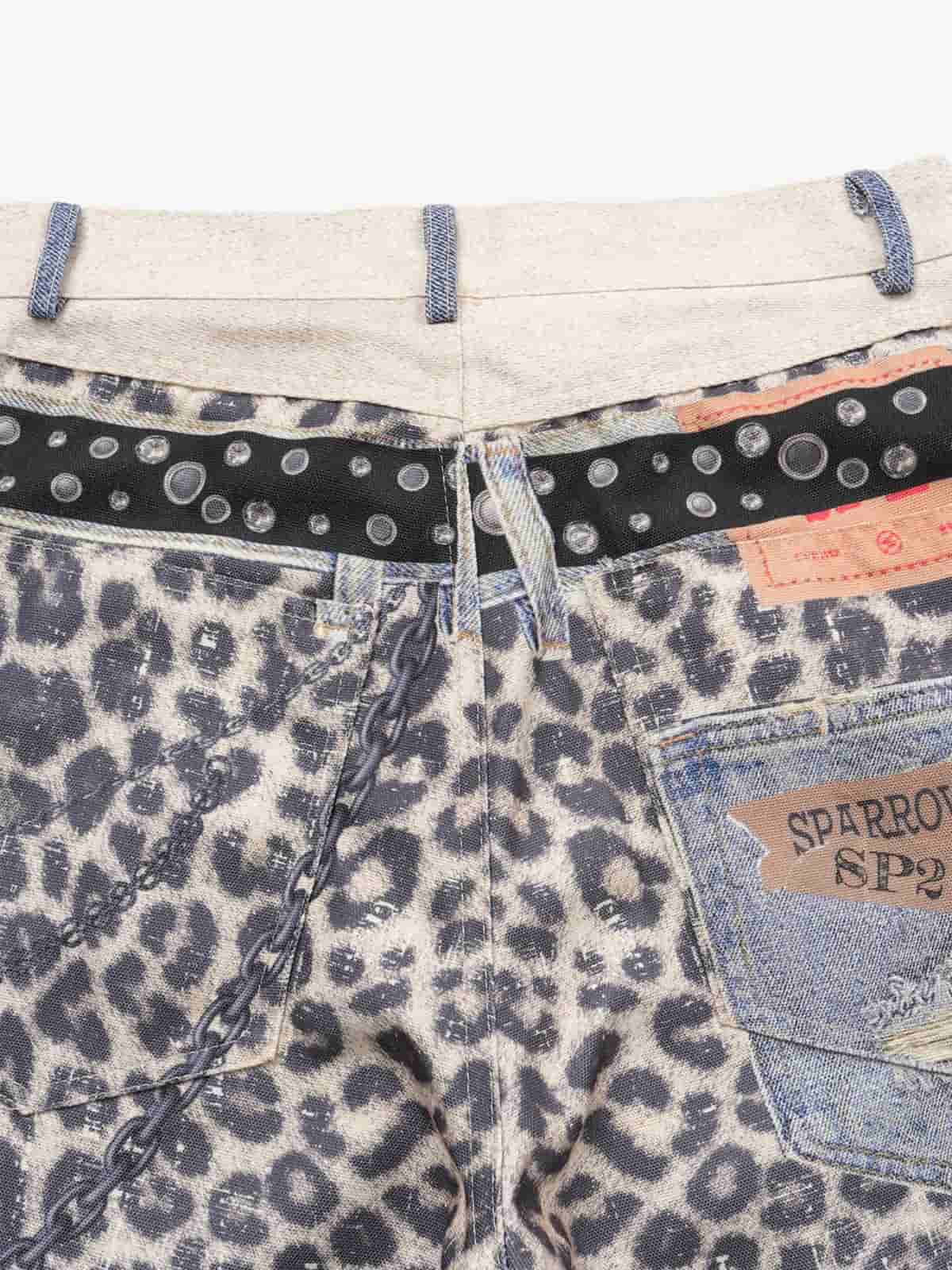 Vintage Leopard 3D Print Double Waistband Washed Jeans