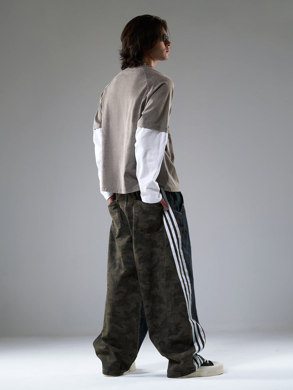 Washed Stripe Patchwork Totem Print Baggy Jeans