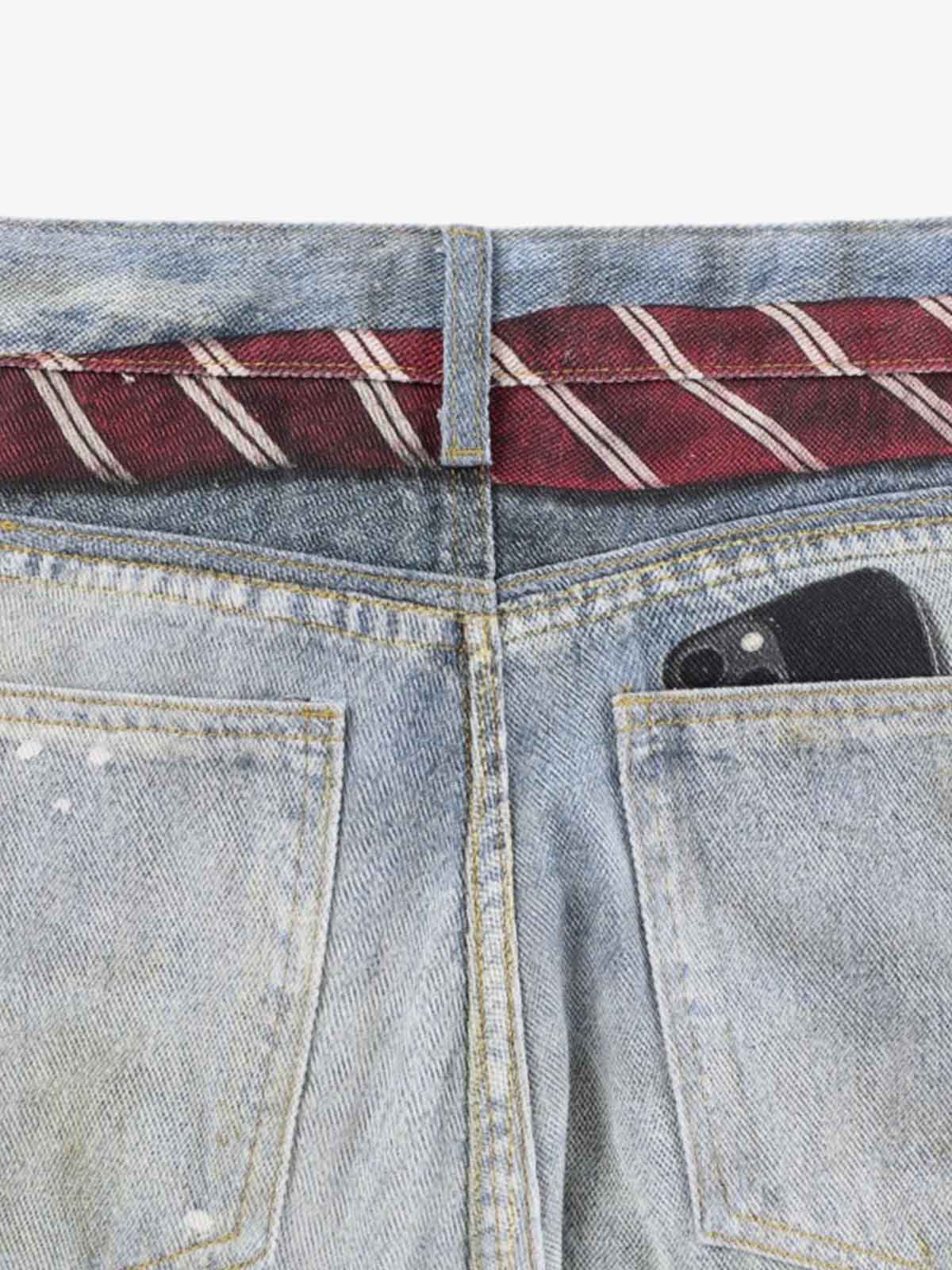 Tie Graphic Print Vintage Wash Wide Leg Denim Jeans