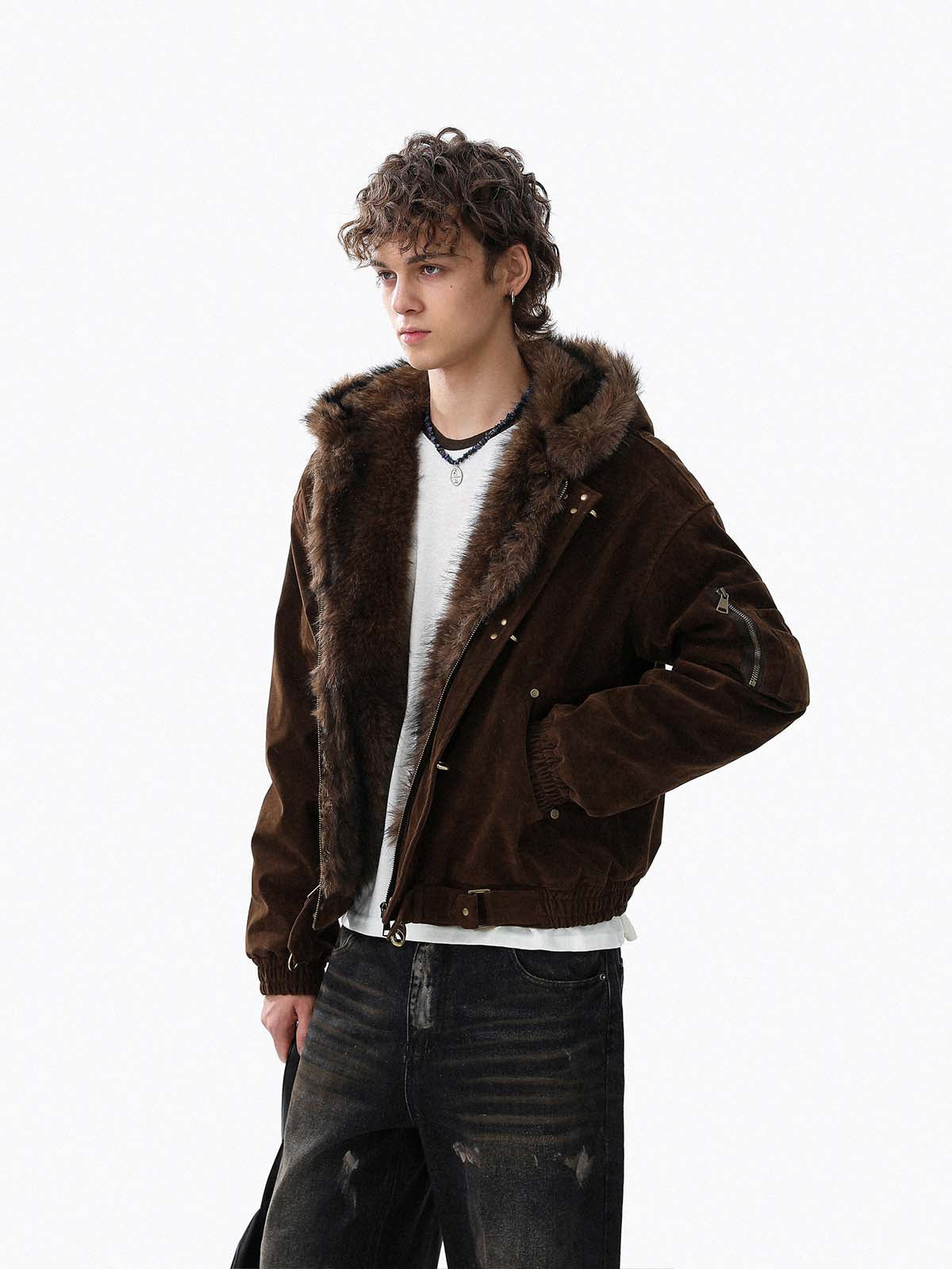 Streetwear Metal Clip Faux Fur Hooded Suede Bomber Jacket - 2597