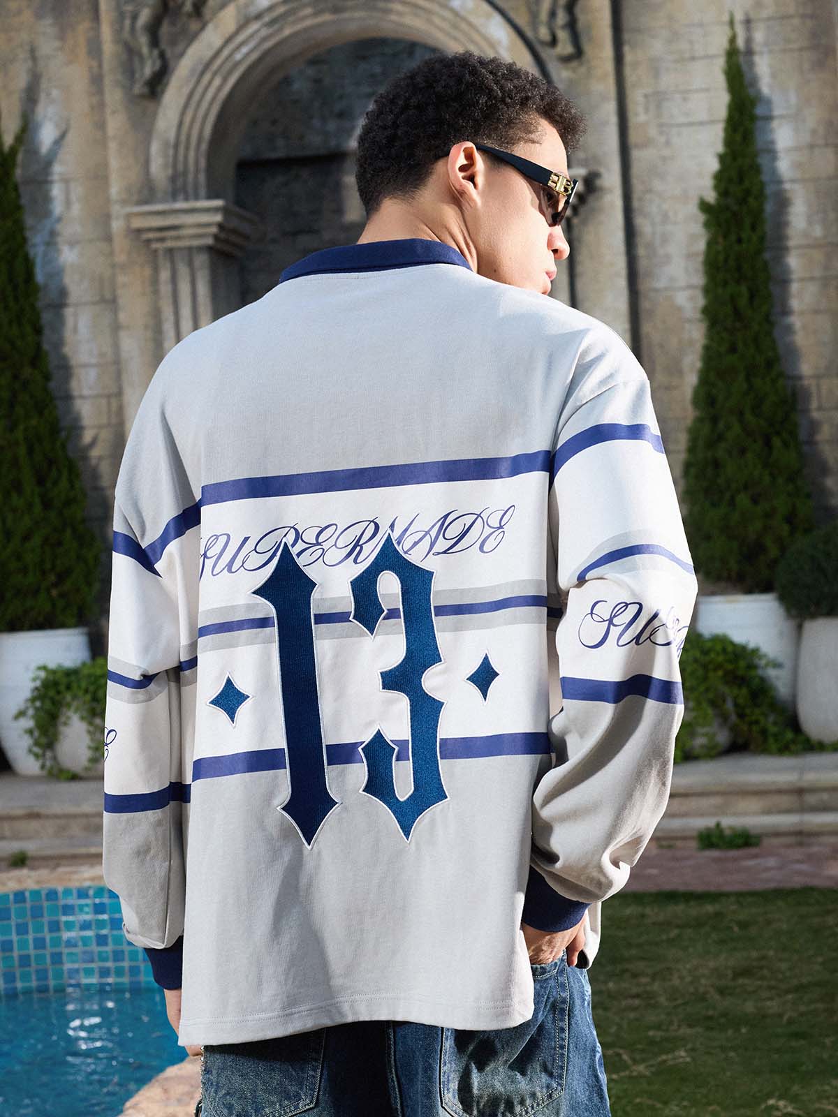 Gothic Number Stripe Rugby Collar Sweatshirt