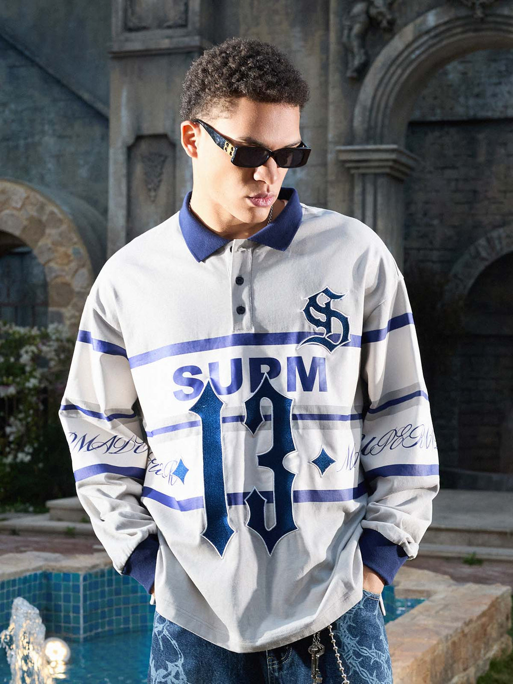 Gothic Number Stripe Rugby Collar Sweatshirt