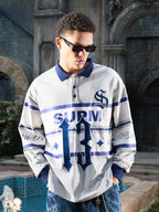 Gothic Number Stripe Rugby Collar Sweatshirt
