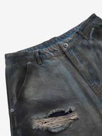 Distressed Washed Ripped Letter Patchwork Wide Leg Jeans