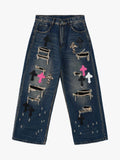 Distressed Cross Patchwork Washed Baggy Jeans