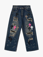 Distressed Cross Patchwork Washed Baggy Jeans